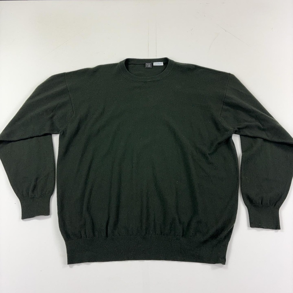 TSE Sweater Mens 2XL Green Crewneck 100% Cashmere Tight-Knit Pullover Classic